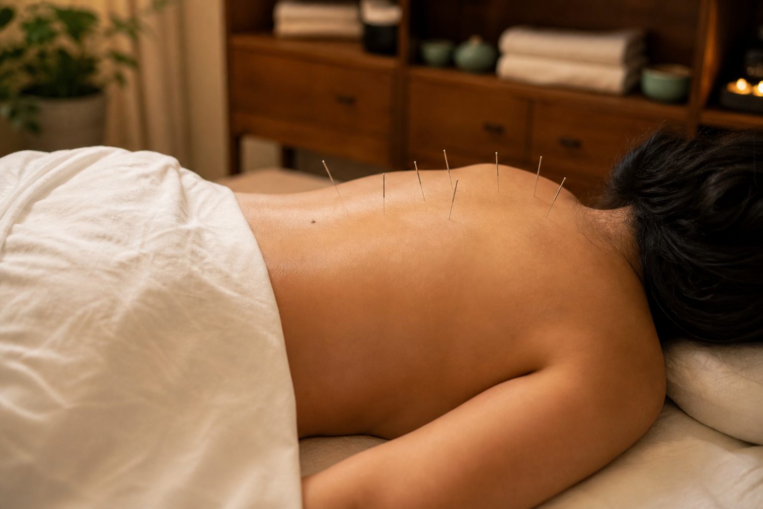 Fine acupuncture needles placed along a patient's upper back